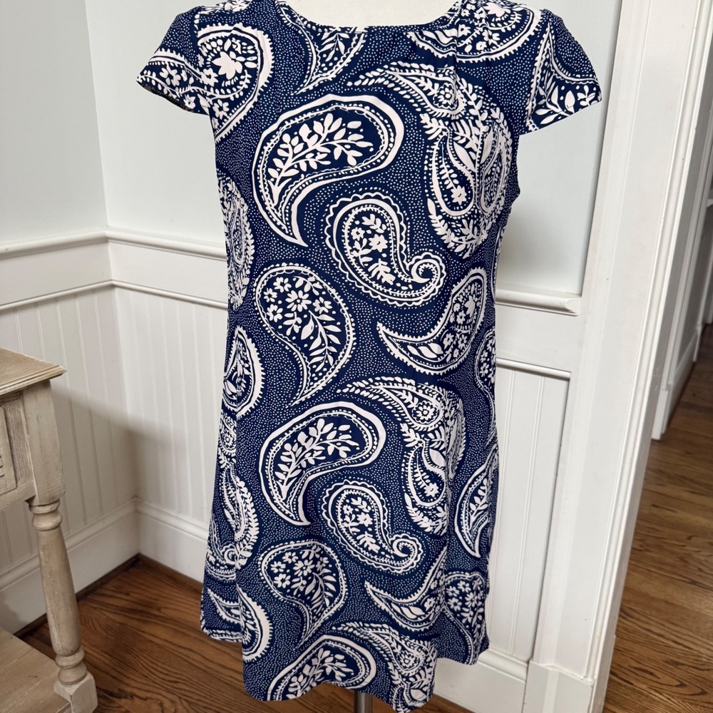 Aryeh Anthropologie Womens Navy Blue Paisley Print Short Sleeve Casual Dress M